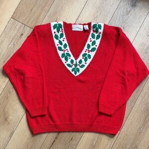 Vintage Northern Isles V-neck Holly Red Christmas Sweater Shoulder Pads Size 2X